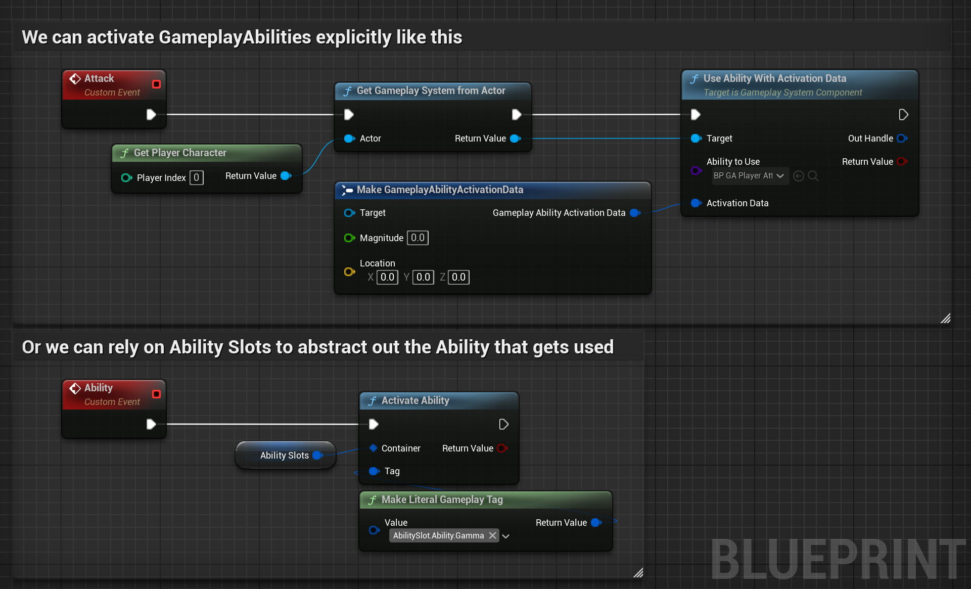 Example of a blueprint activation of a GameplayAbility.
