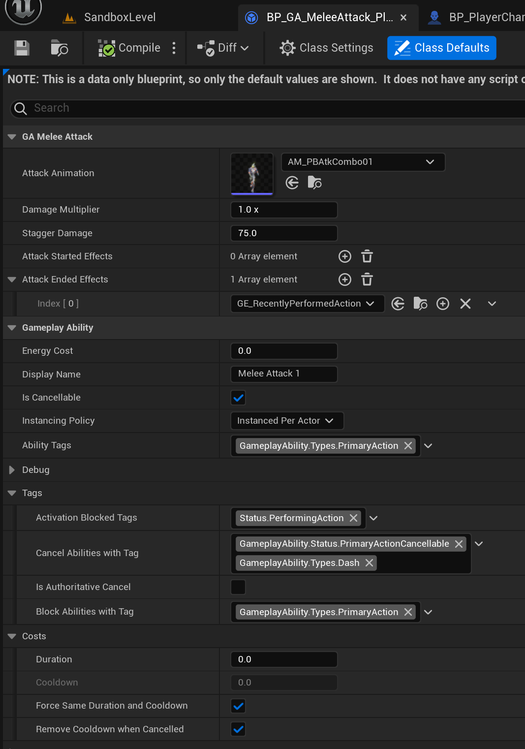 In-editor view of the GameplayAbility blueprint and its properties.
