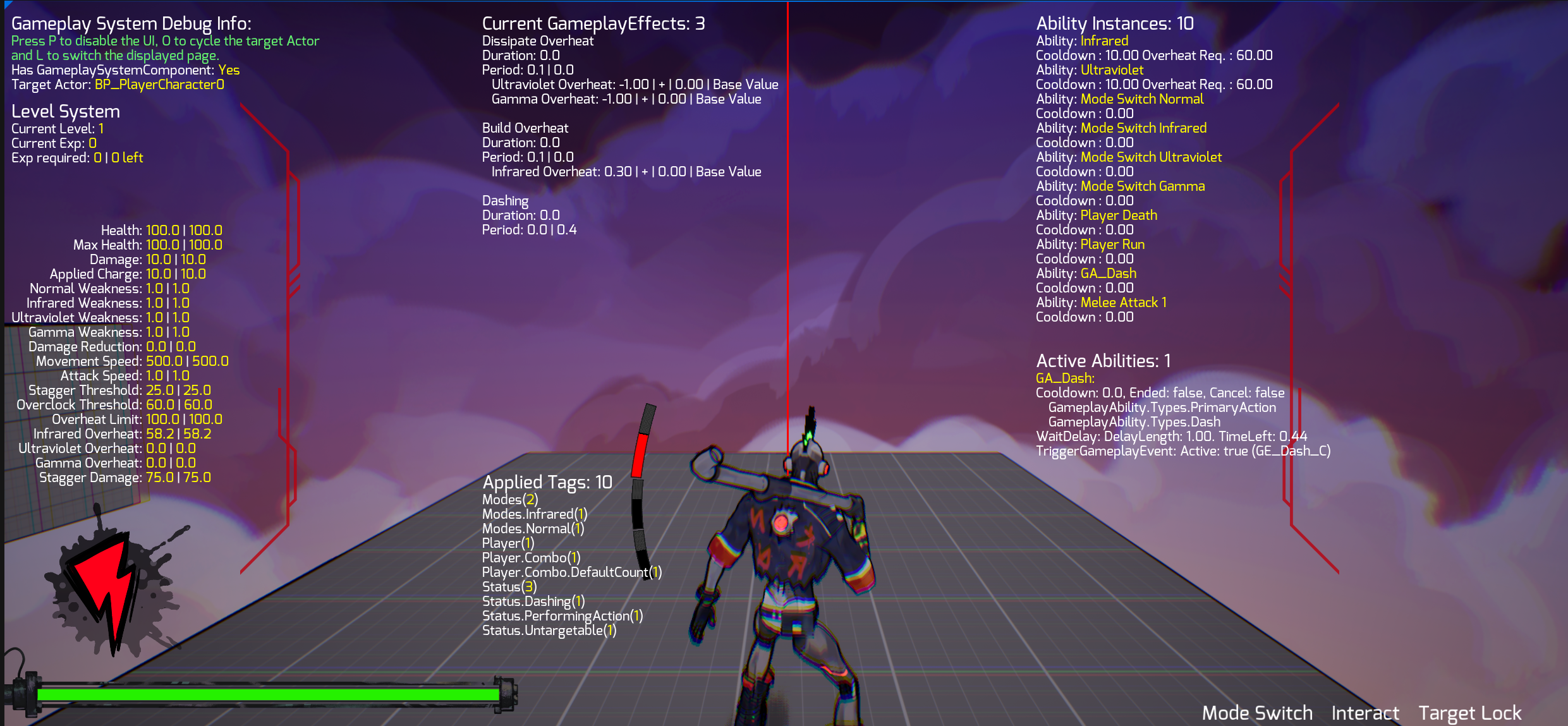 Screenshot of the debug view in action, with the properties it displays.
