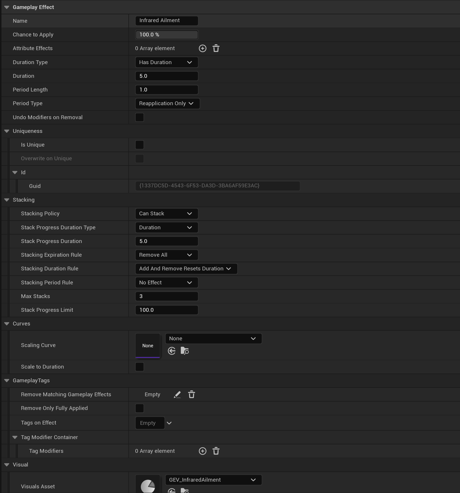 In-editor view of the GameplayEffect blueprint and its properties.