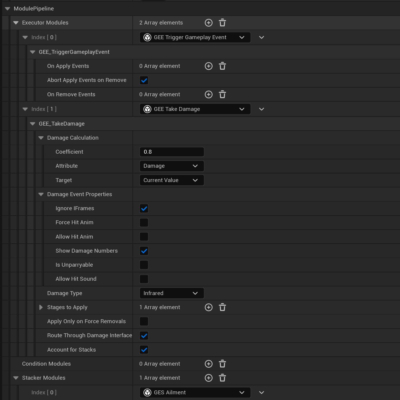 Example of a setup of different Modules and its properties that are used for a GameplayEffect.