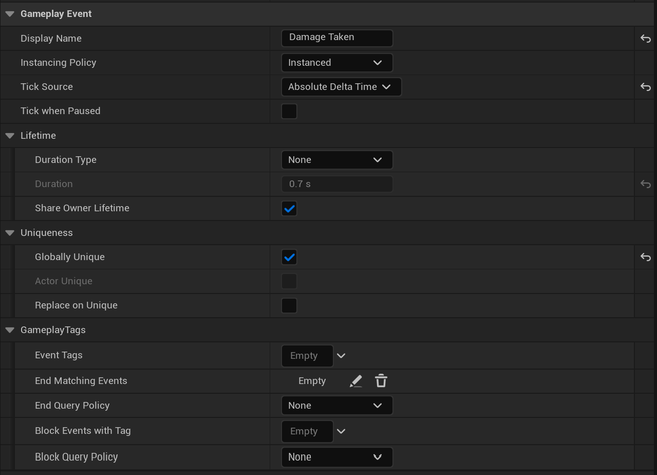 In-editor view of the GameplayEvent blueprint and its properties.
